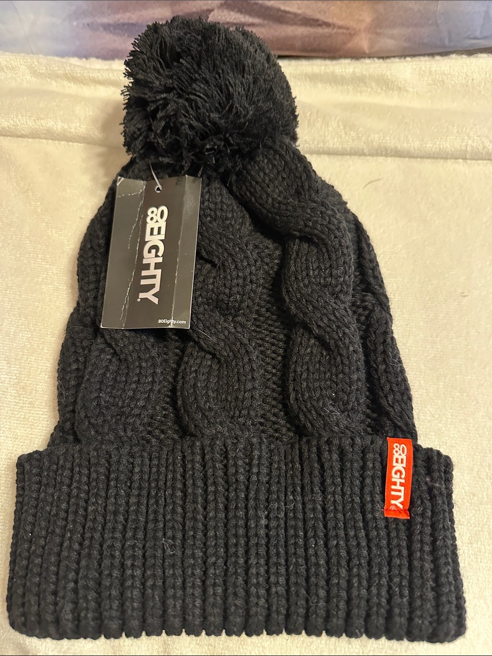 80eighty black cable knit pom beanie new with tags